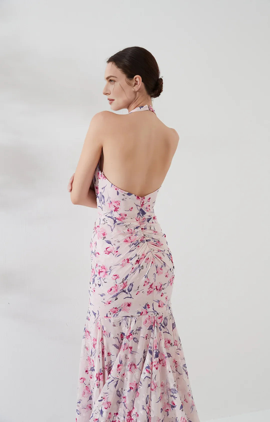Romantic Mermaid Halter Sleeveless Chiffon Floor-Length Ruched Evening Dress