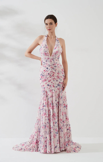 Romantic Mermaid Halter Sleeveless Chiffon Floor-Length Ruched Evening Dress