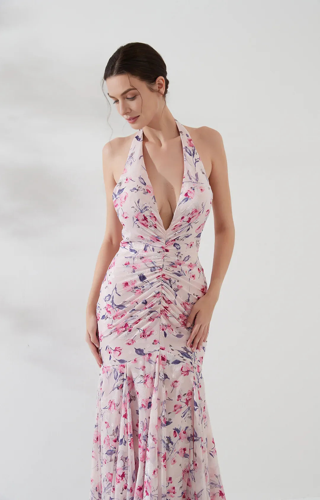 Romantic Mermaid Halter Sleeveless Chiffon Floor-Length Ruched Evening Dress