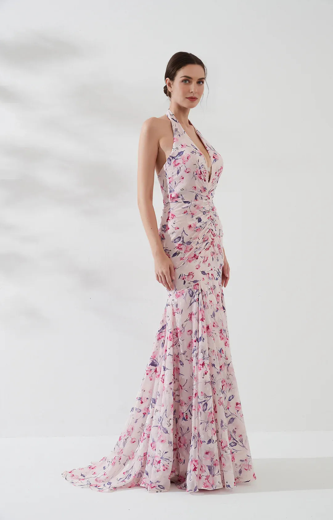 Romantic Mermaid Halter Sleeveless Chiffon Floor-Length Ruched Evening Dress