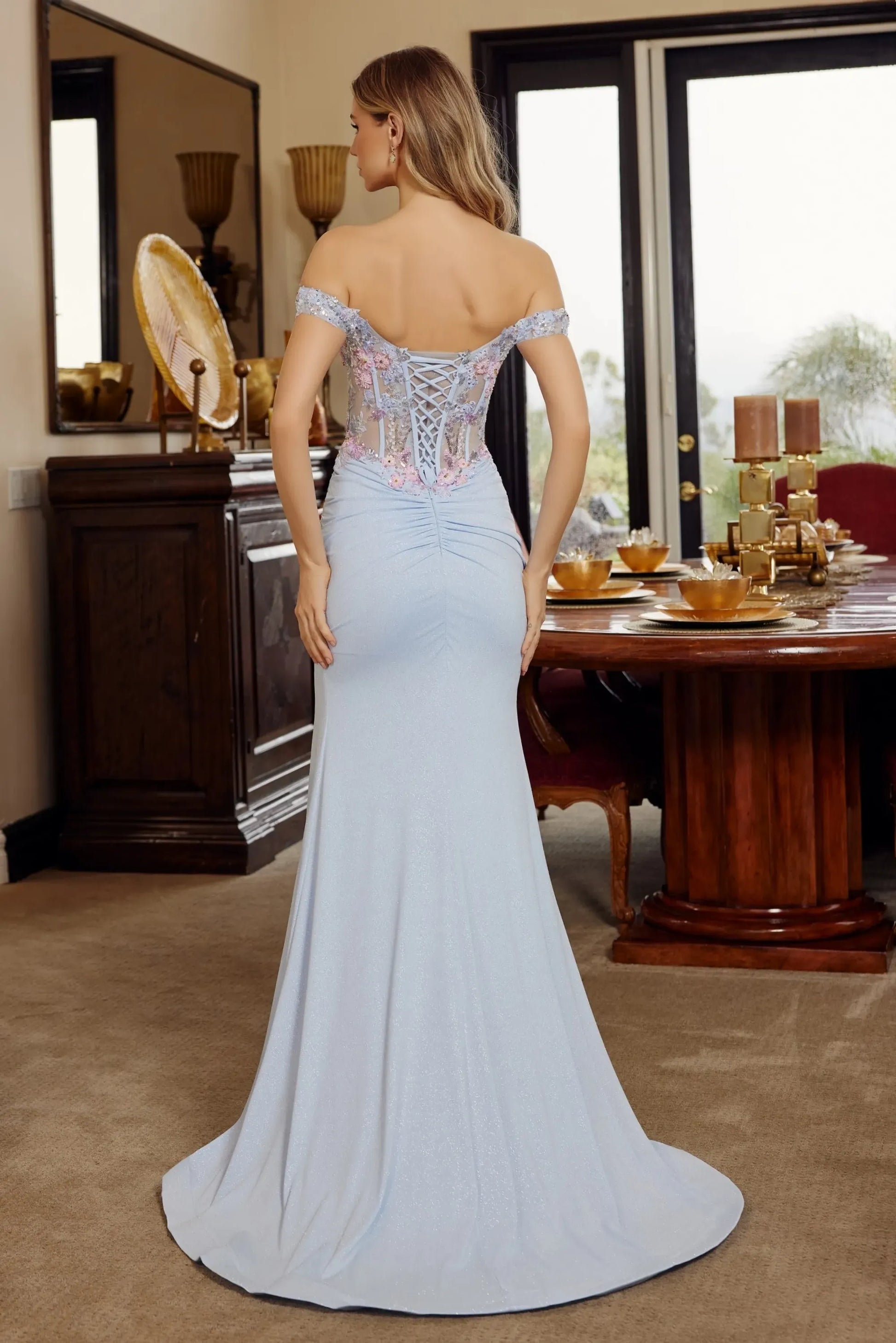 Romantic Mermaid OffTheShoulder Short Sleeve Lace Jersey Long Corset Prom Dress