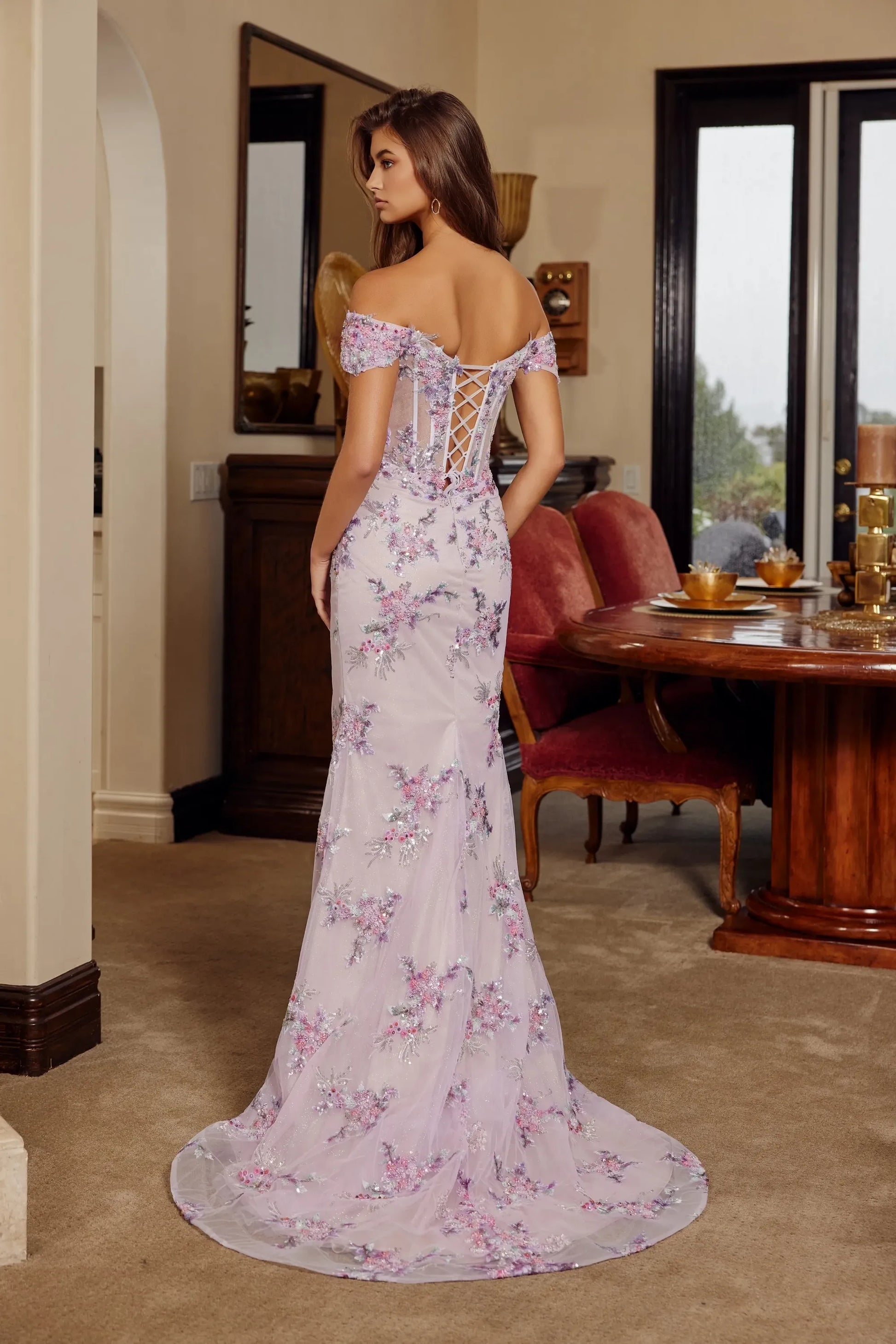 Romantic Mermaid OffTheShoulder ShortSleeve Lace Tulle Long Corset Prom Dress