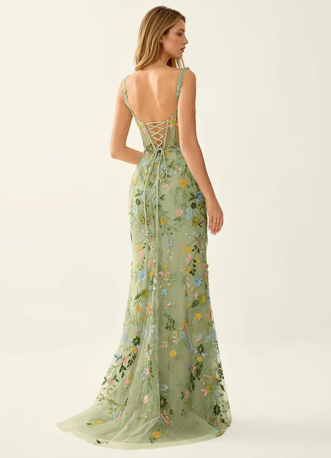 Vestido Largo de Fiesta Romántico de Sirena con Cuello Cuadrado, Tul y Bordado Floral