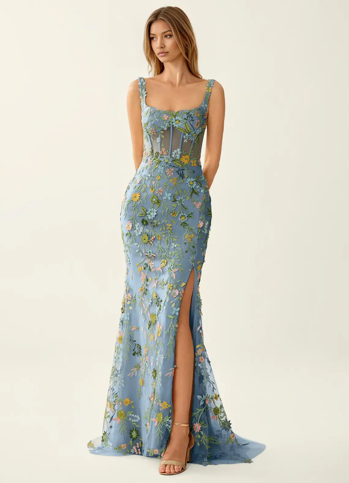 Vestido Largo de Fiesta Romántico de Sirena con Cuello Cuadrado, Tul y Bordado Floral