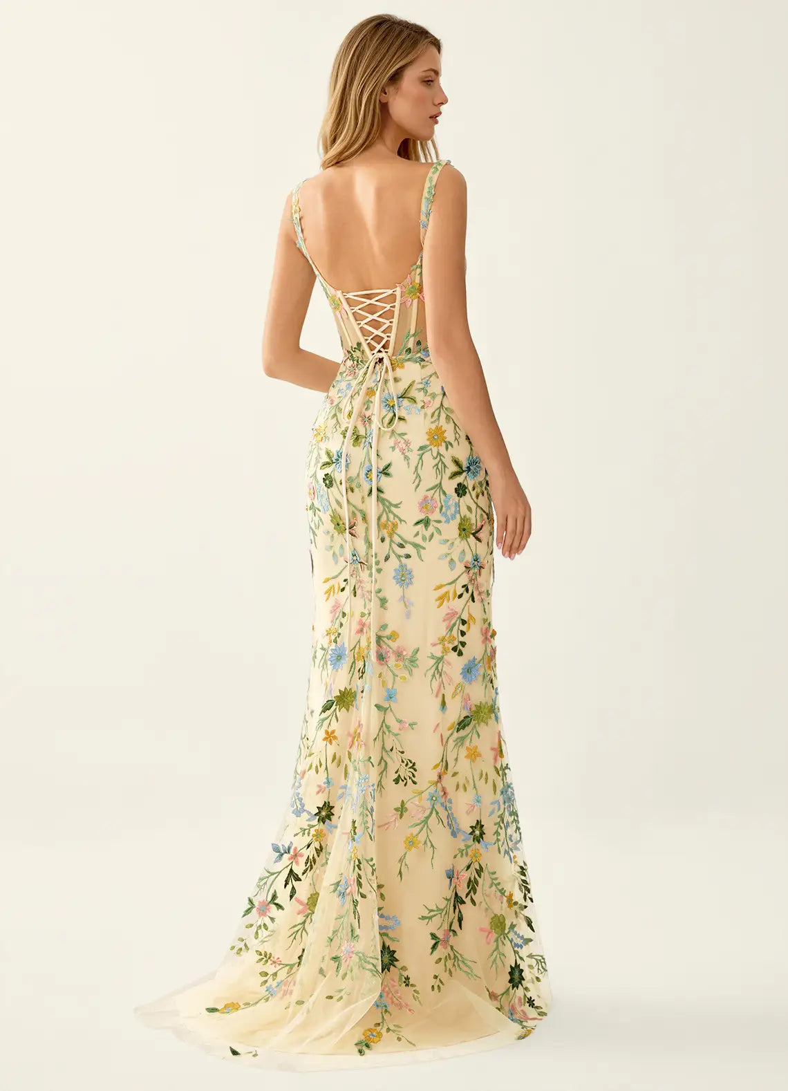 Vestido Largo de Fiesta Romántico de Sirena con Cuello Cuadrado, Tul y Bordado Floral