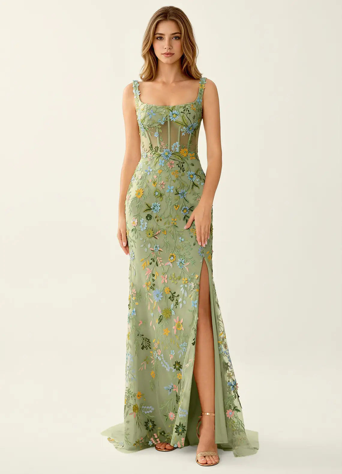 Vestido Largo de Fiesta Romántico de Sirena con Cuello Cuadrado, Tul y Bordado Floral