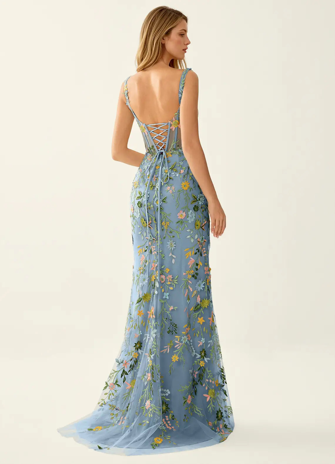 Vestido Largo de Fiesta Romántico de Sirena con Cuello Cuadrado, Tul y Bordado Floral