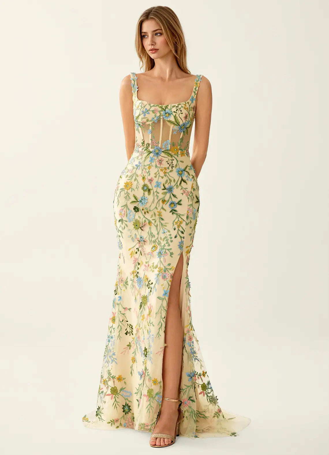 Vestido Largo de Fiesta Romántico de Sirena con Cuello Cuadrado, Tul y Bordado Floral