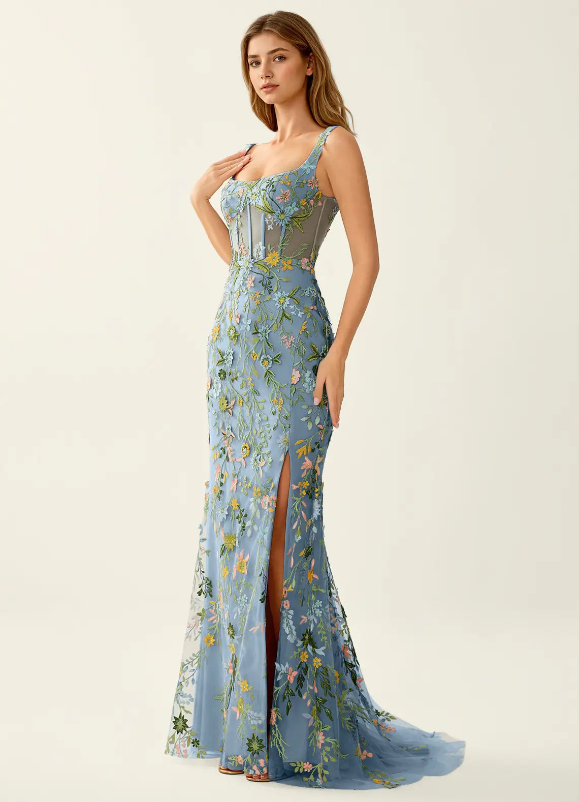 Vestido Largo de Fiesta Romántico de Sirena con Cuello Cuadrado, Tul y Bordado Floral