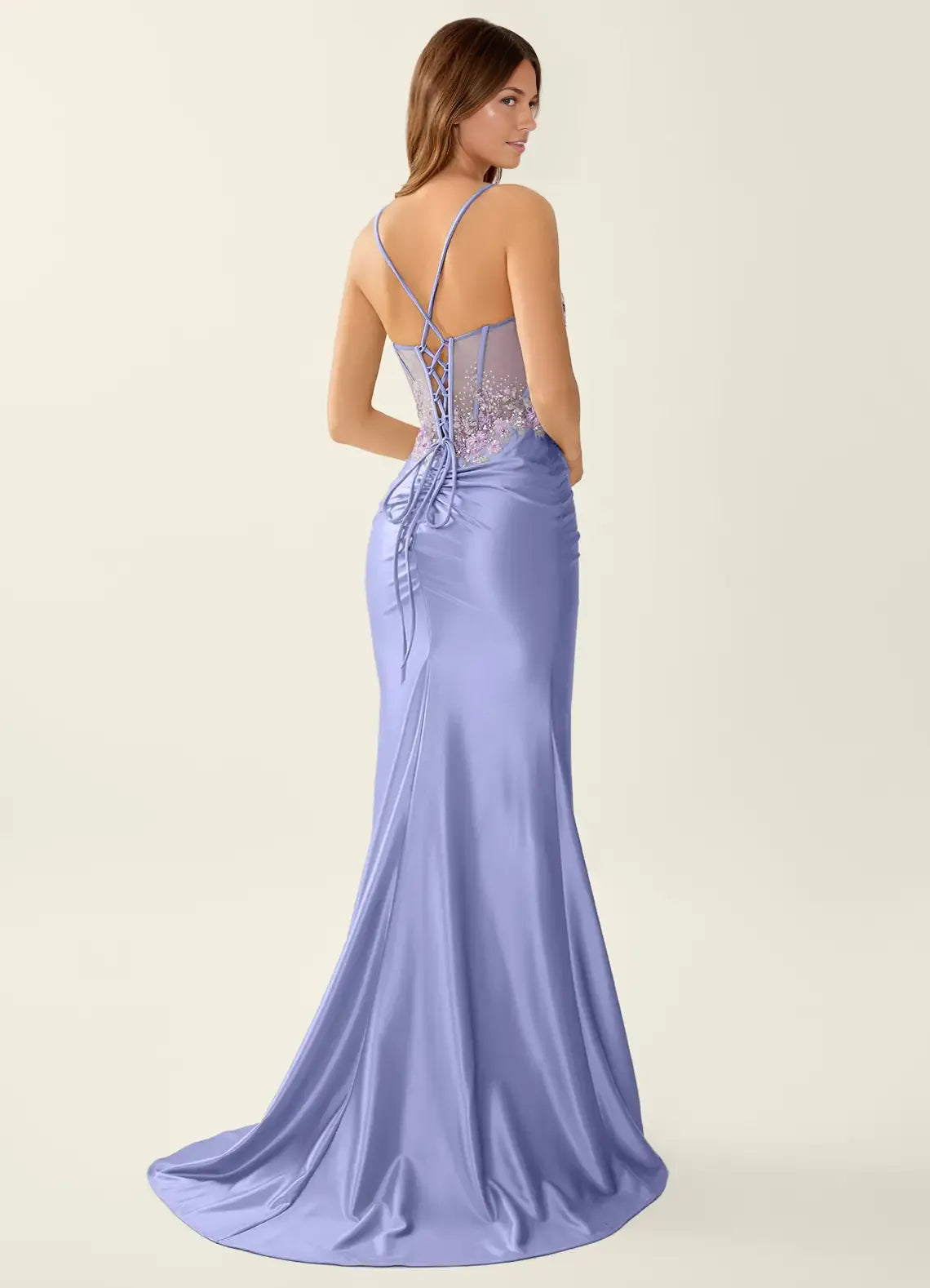 Vestido de noche de satén con apliques florales, escote corazón, abertura, espalda con cordones y estilo sirena para fiesta de graduación.