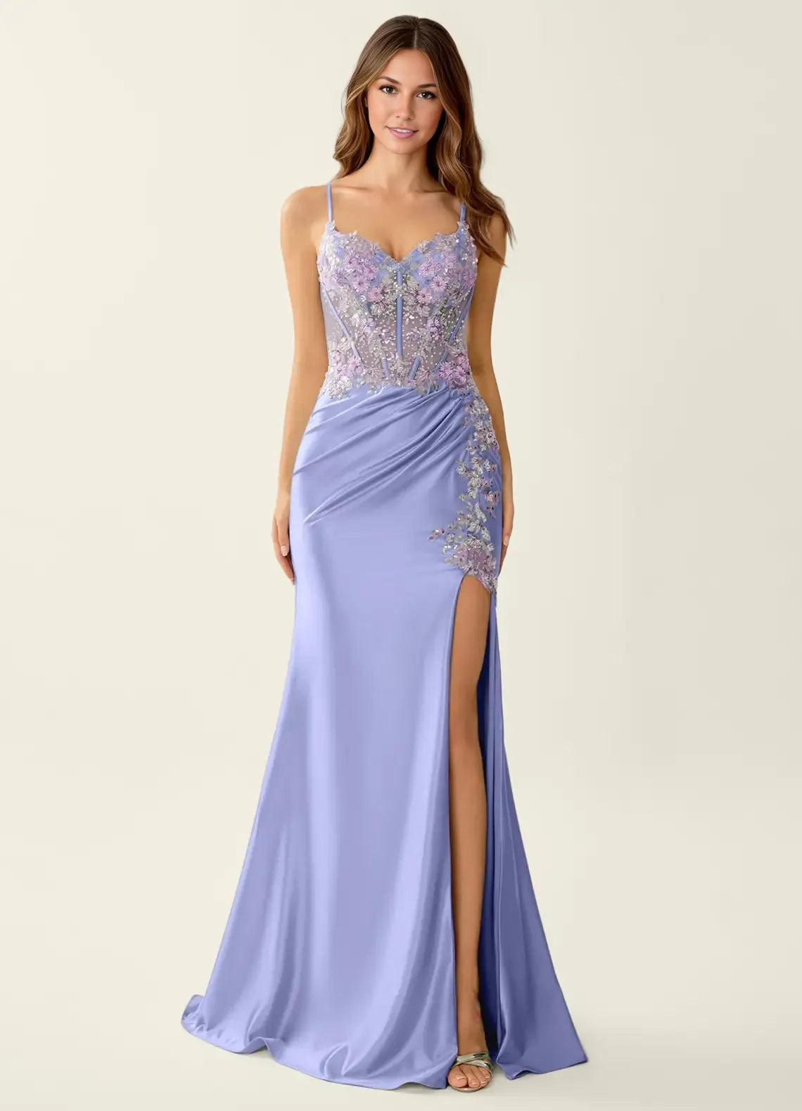 Vestido de noche de satén con apliques florales, escote corazón, abertura, espalda con cordones y estilo sirena para fiesta de graduación.
