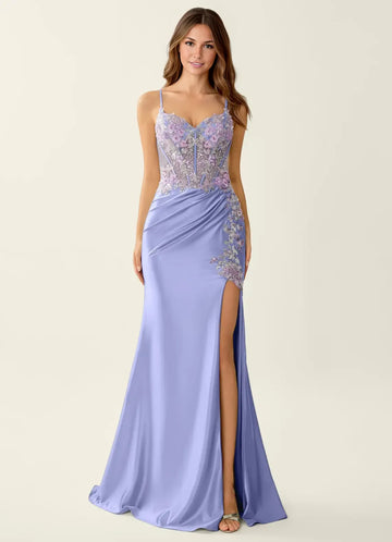 Romantic Sweetheart Floral Applique Satin Slit Evening Gown Lace Up Back Mermaid Prom Dress