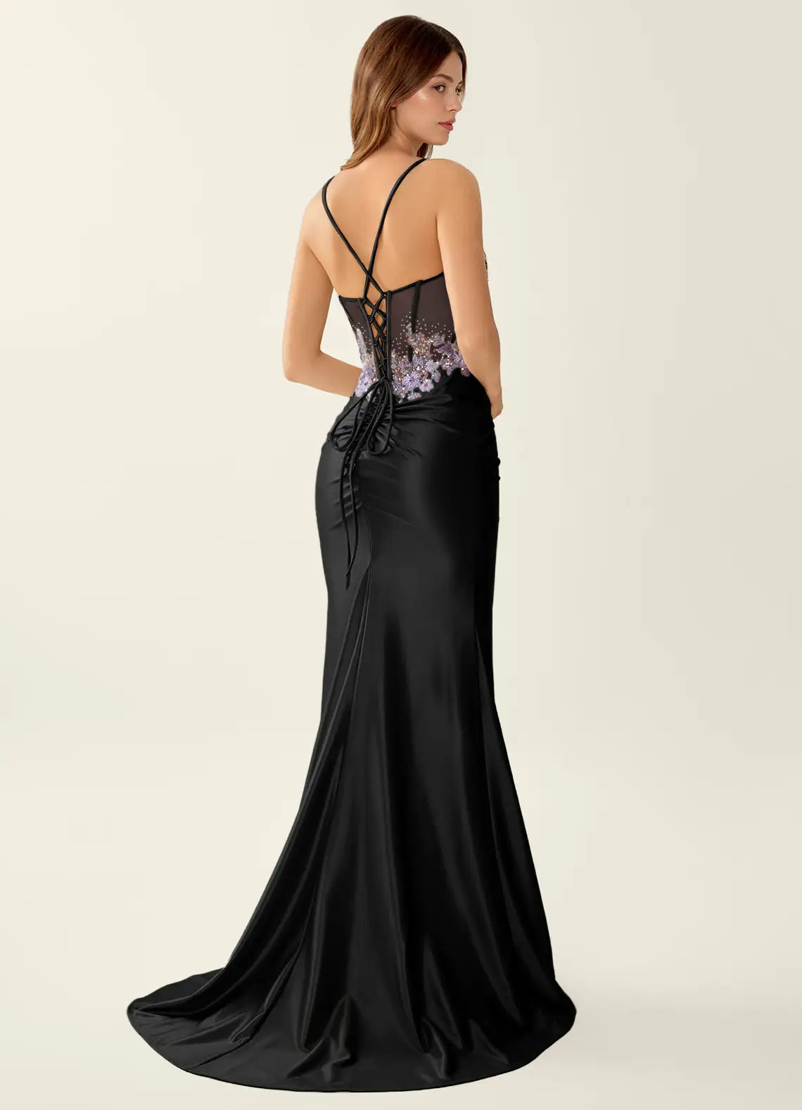 Vestido de noche de satén con apliques florales, escote corazón, abertura, espalda con cordones y estilo sirena para fiesta de graduación.