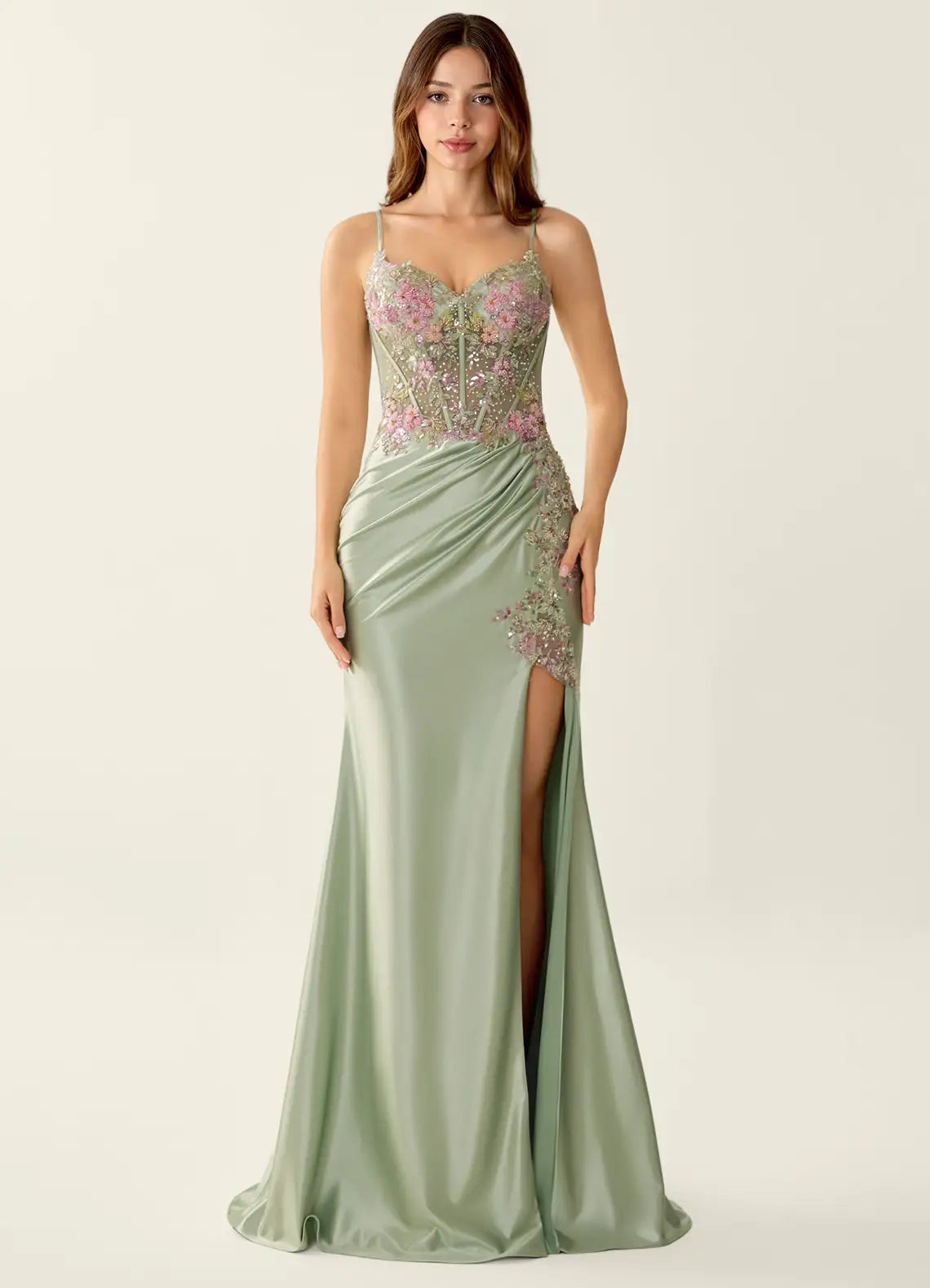 Vestido de noche de satén con apliques florales, escote corazón, abertura, espalda con cordones y estilo sirena para fiesta de graduación.
