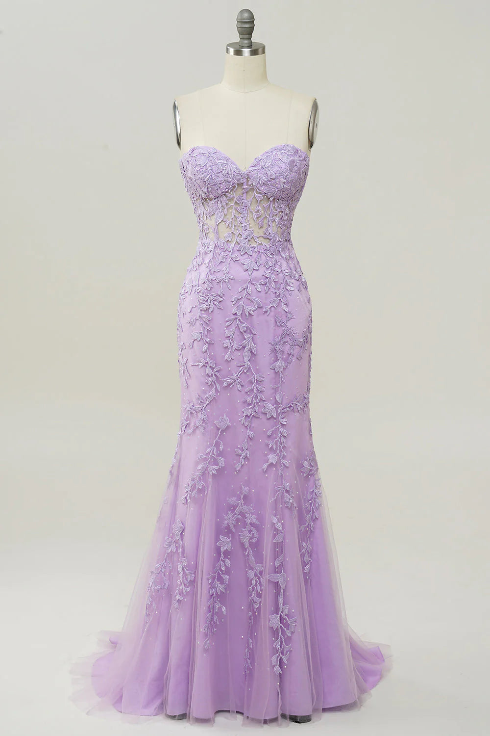 Romantic Mermaid Sweetheart Strapless LaceTulle Floor LaceUp Back Prom Dress With Applique