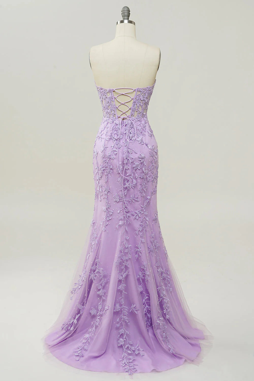 Romantic Mermaid Sweetheart Strapless LaceTulle Floor LaceUp Back Prom Dress With Applique