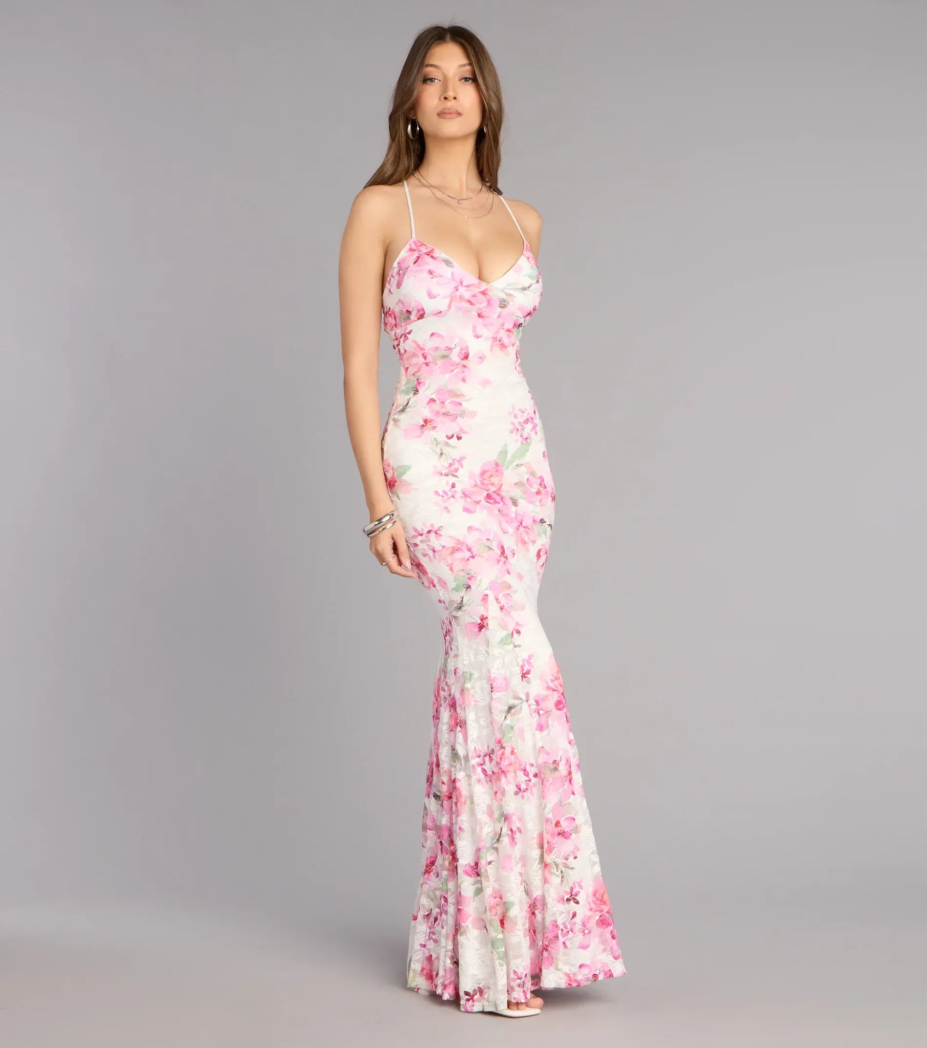 Romantic Mermaid V-Neck Lace Maxi Floral Evening Dress