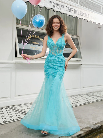 Romantic Mermaid V-Neck Sleeveless Tulle Lace Applique Corset Formal Prom Dress