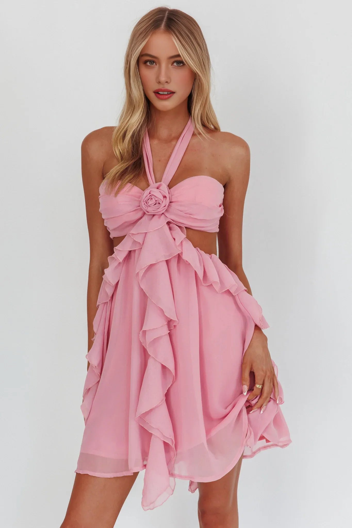Vestido de cóctel de chifón romántico con volantes, estilo halter, sin mangas, mini vestido de regreso a casa con aberturas