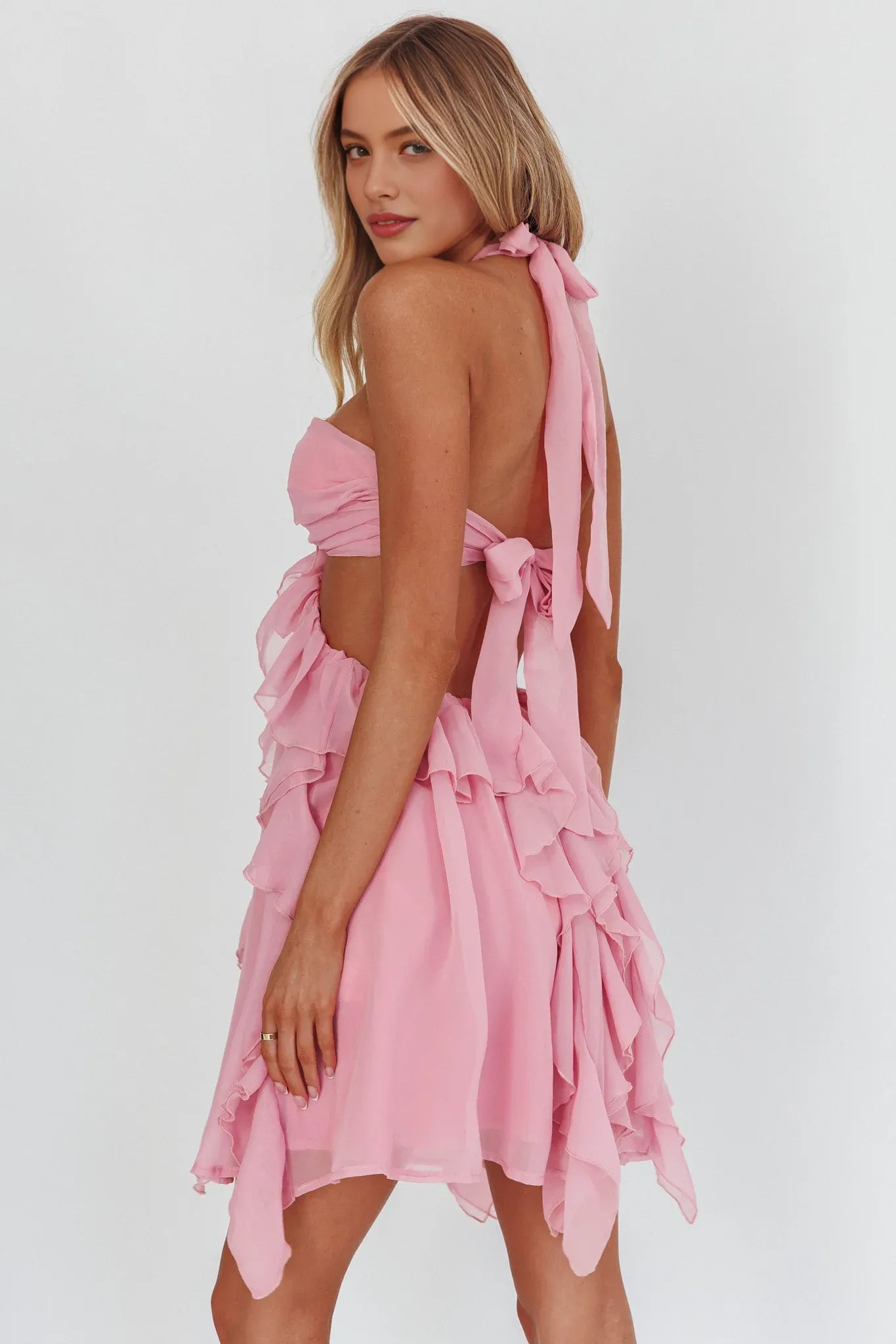 Vestido de cóctel de chifón romántico con volantes, estilo halter, sin mangas, mini vestido de regreso a casa con aberturas