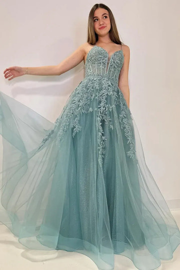 Romantic A-Line Sweetheart Neck Spaghetti Strap Beaded Lace Appliqué Corset Lace-Up Back Shimmer Tulle Floor-Length Evening Gown