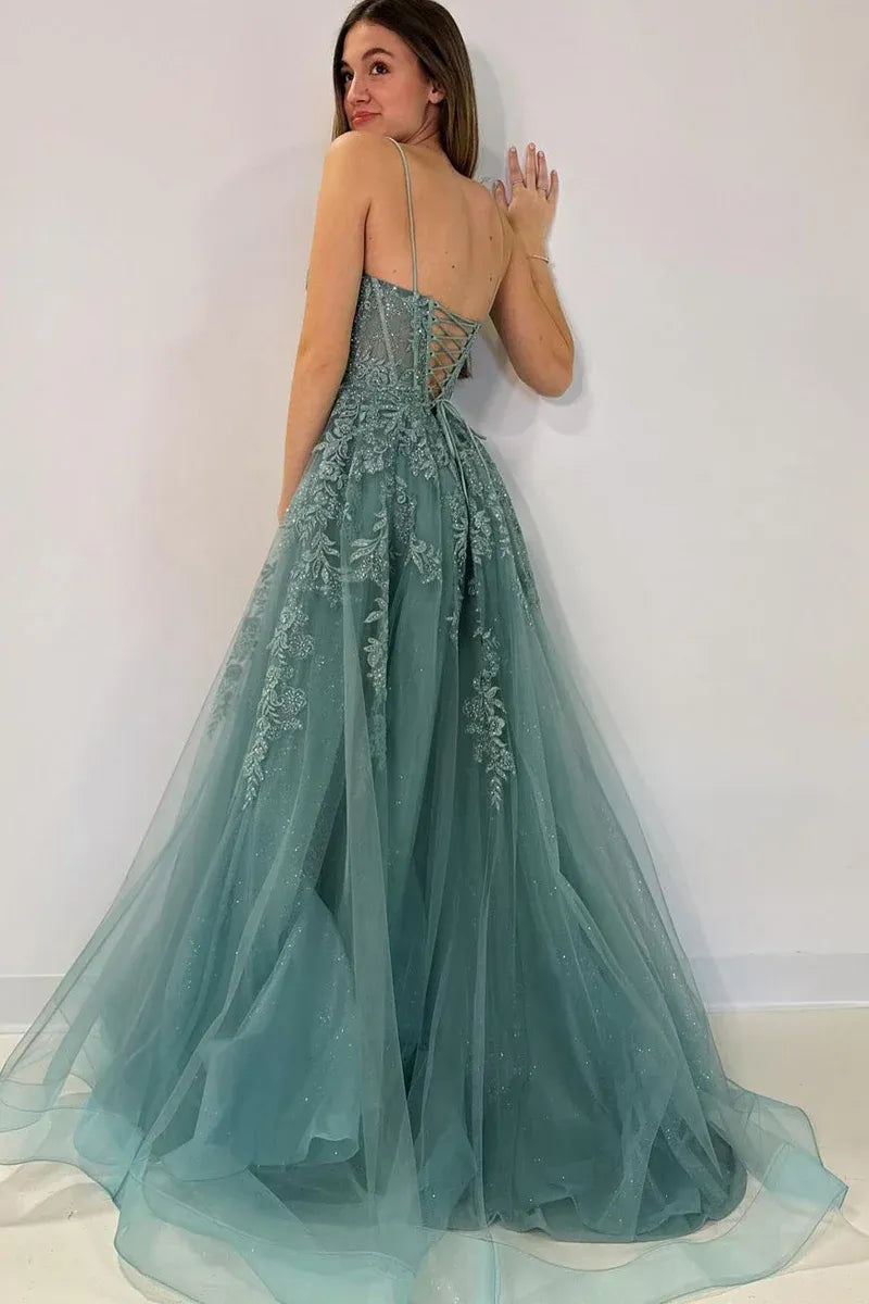 Romantic A-Line Sweetheart Neck Spaghetti Strap Beaded Lace Appliqué Corset Lace-Up Back Shimmer Tulle Floor-Length Evening Gown