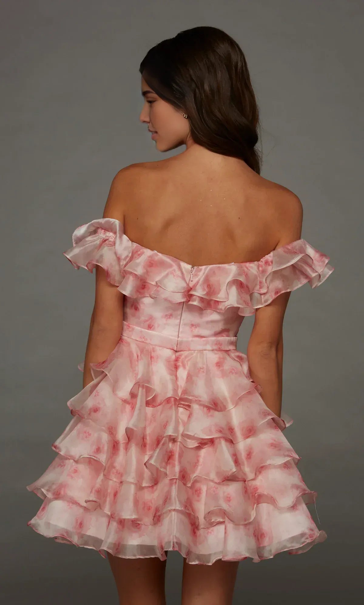 Romantic A Line Off Shoulder Short Organza Floral Printed Ruffle Mini Homecoming Dress