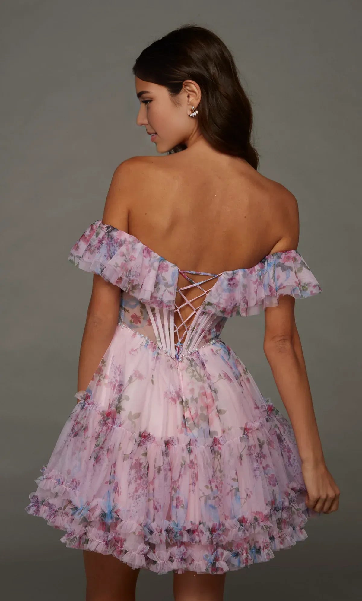 Romantic A Line Off Shoulder Sleeveless Tulle Floral Corset Ruffled Mini Homecoming Dress