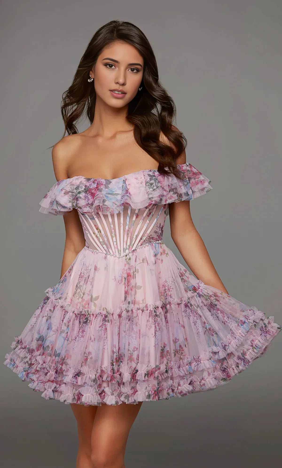 Romantic A Line Off Shoulder Sleeveless Tulle Floral Corset Ruffled Mini Homecoming Dress