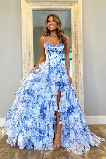 Romantic Blue Floral Strapless Tiered Ruffle Prom Gown