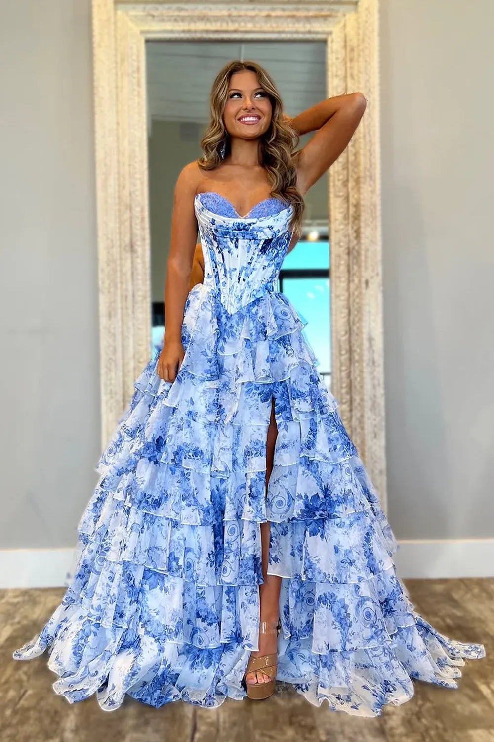 Romantic Blue Floral Strapless Tiered Ruffle Prom Gown