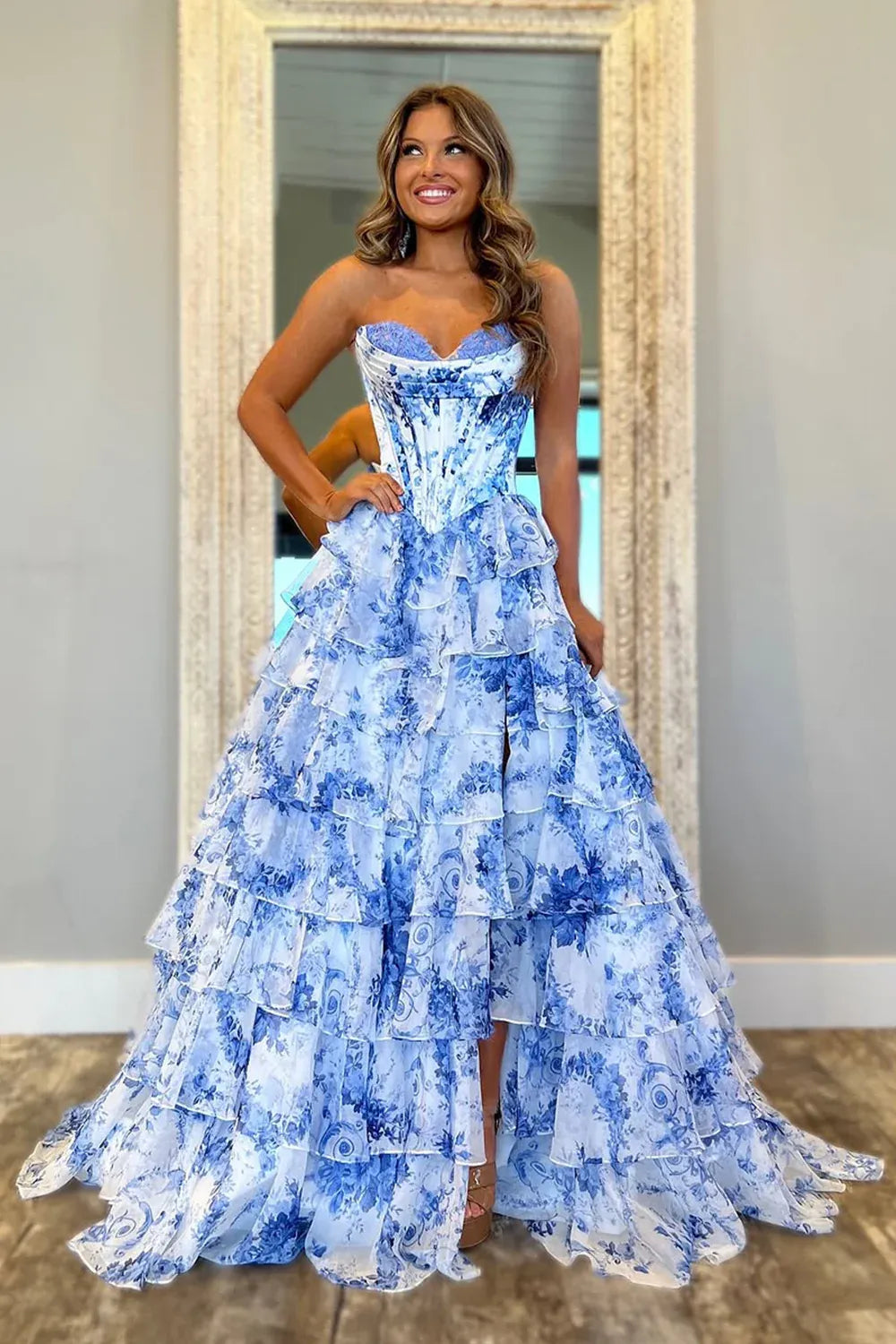 Romantic Blue Floral Strapless Tiered Ruffle Prom Gown