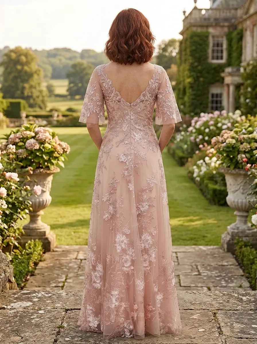 V‑back blush lace a‑line long mother of the bride formal evening dress