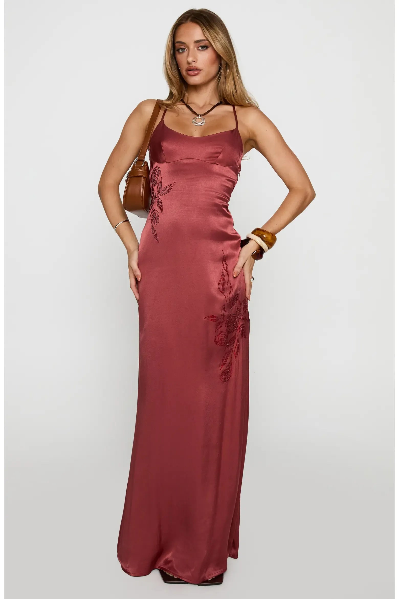 Romantic Mermaid Scoop Neck Adjustable Spaghetti Strap Satin Floral Embroidery Criss Cross Cutout Back Floor-Length Maxi Evening Dress