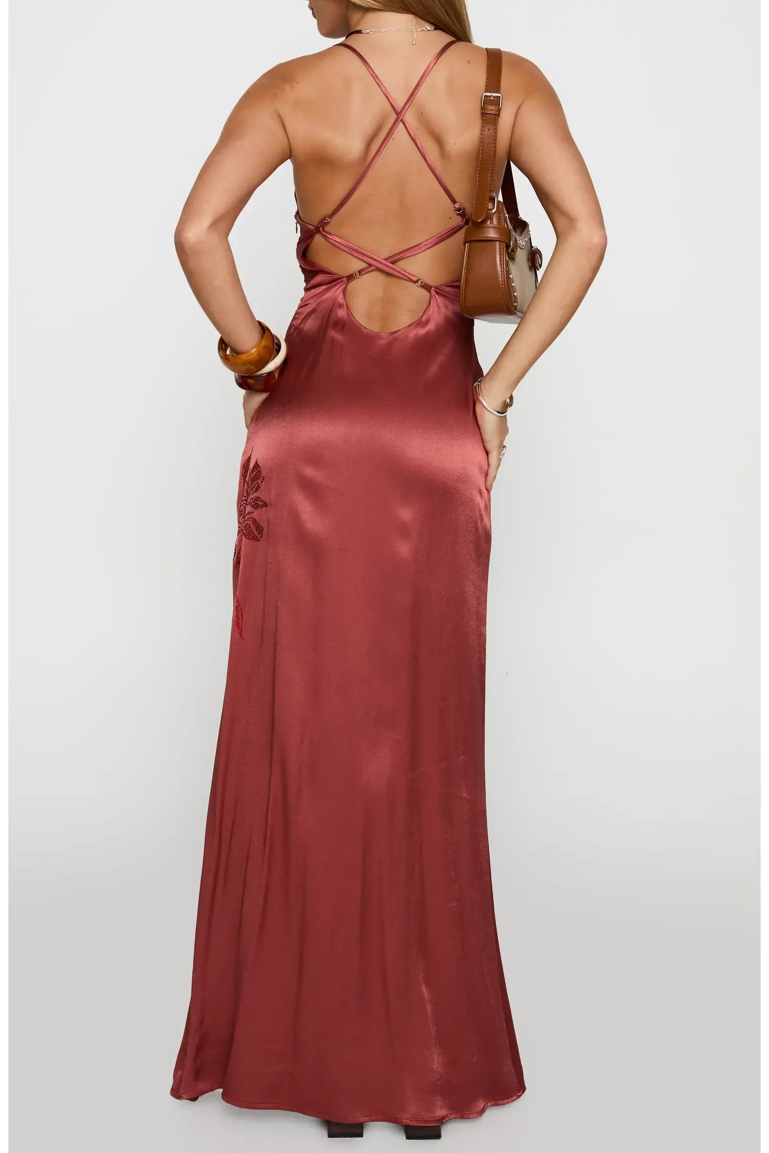 Romantic Mermaid Scoop Neck Adjustable Spaghetti Strap Satin Floral Embroidery Criss Cross Cutout Back Floor-Length Maxi Evening Dress