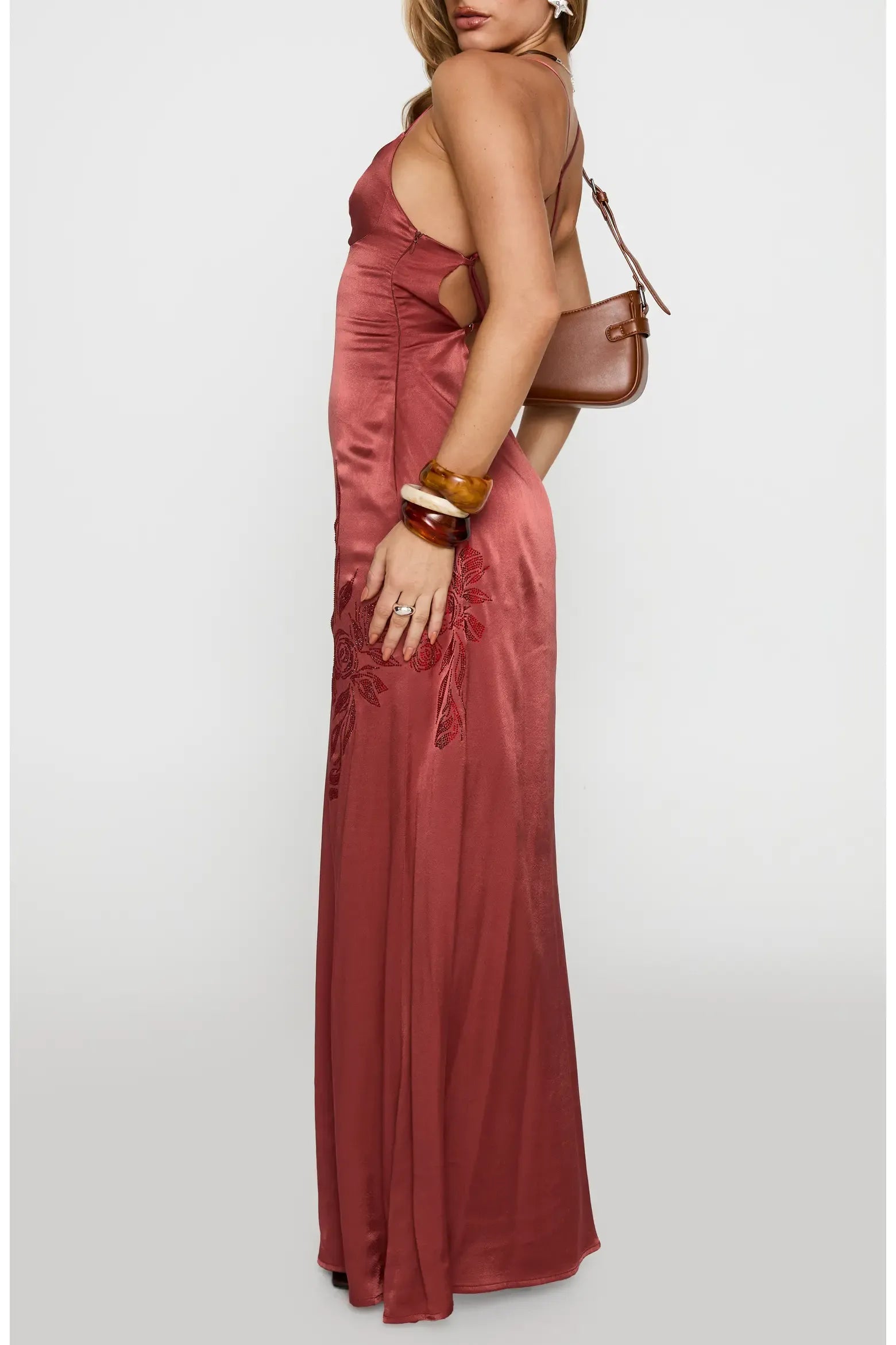 Romantic Mermaid Scoop Neck Adjustable Spaghetti Strap Satin Floral Embroidery Criss Cross Cutout Back Floor-Length Maxi Evening Dress