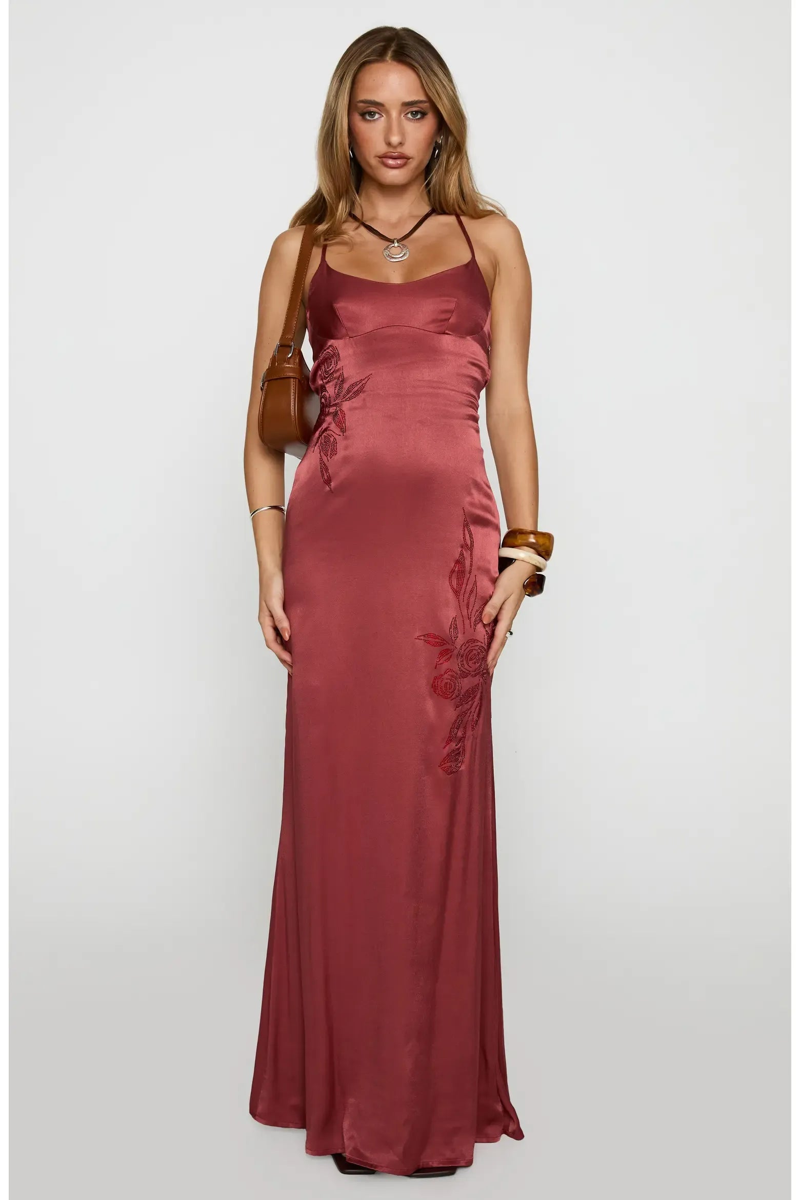 Romantic Mermaid Scoop Neck Adjustable Spaghetti Strap Satin Floral Embroidery Criss Cross Cutout Back Floor-Length Maxi Evening Dress