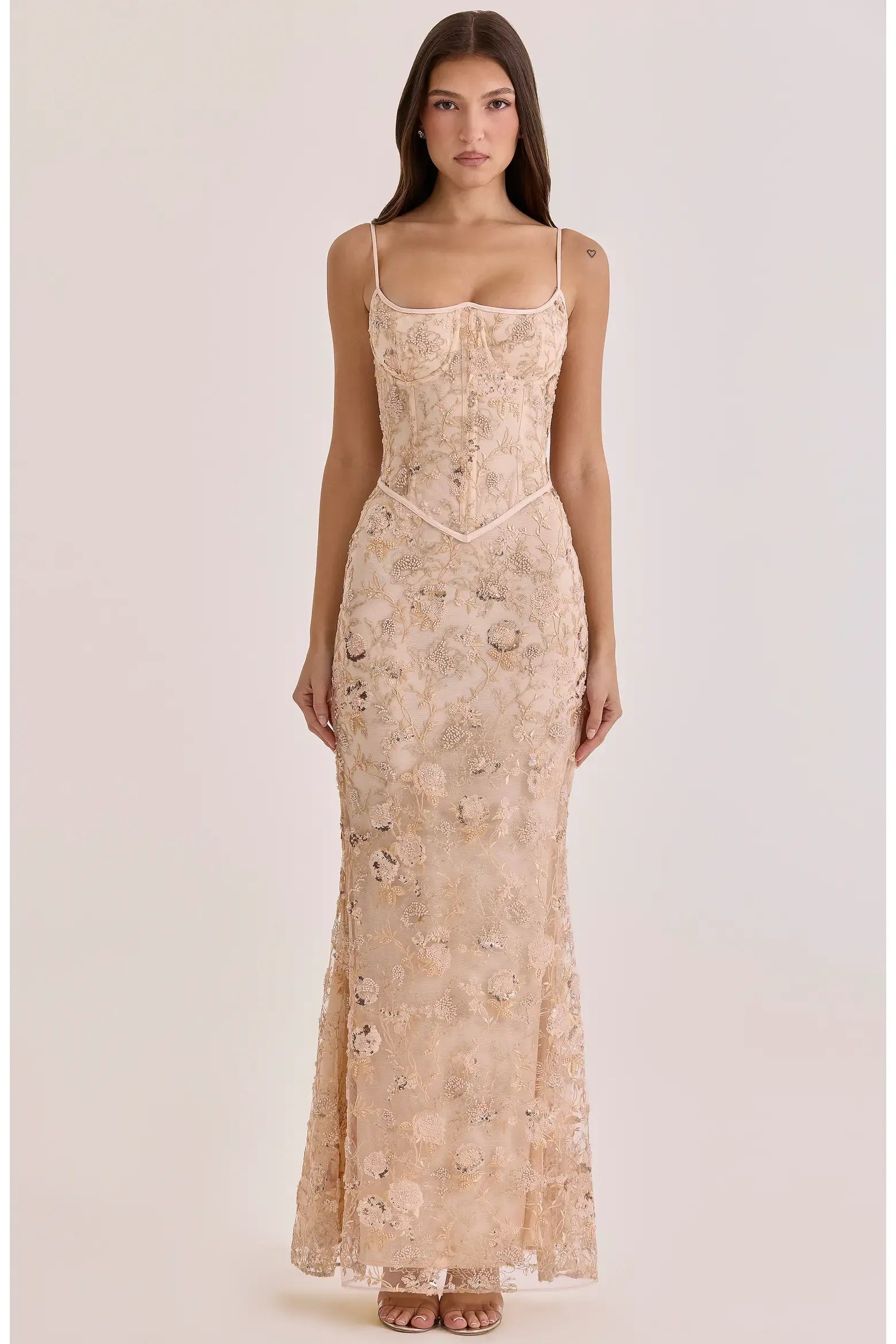 Romantic Mermaid Scoop Neck Thin Spaghetti Strap Floral Sequin Lace Boned Corset Lace-Up Back Floor-Length Maxi Evening Gown