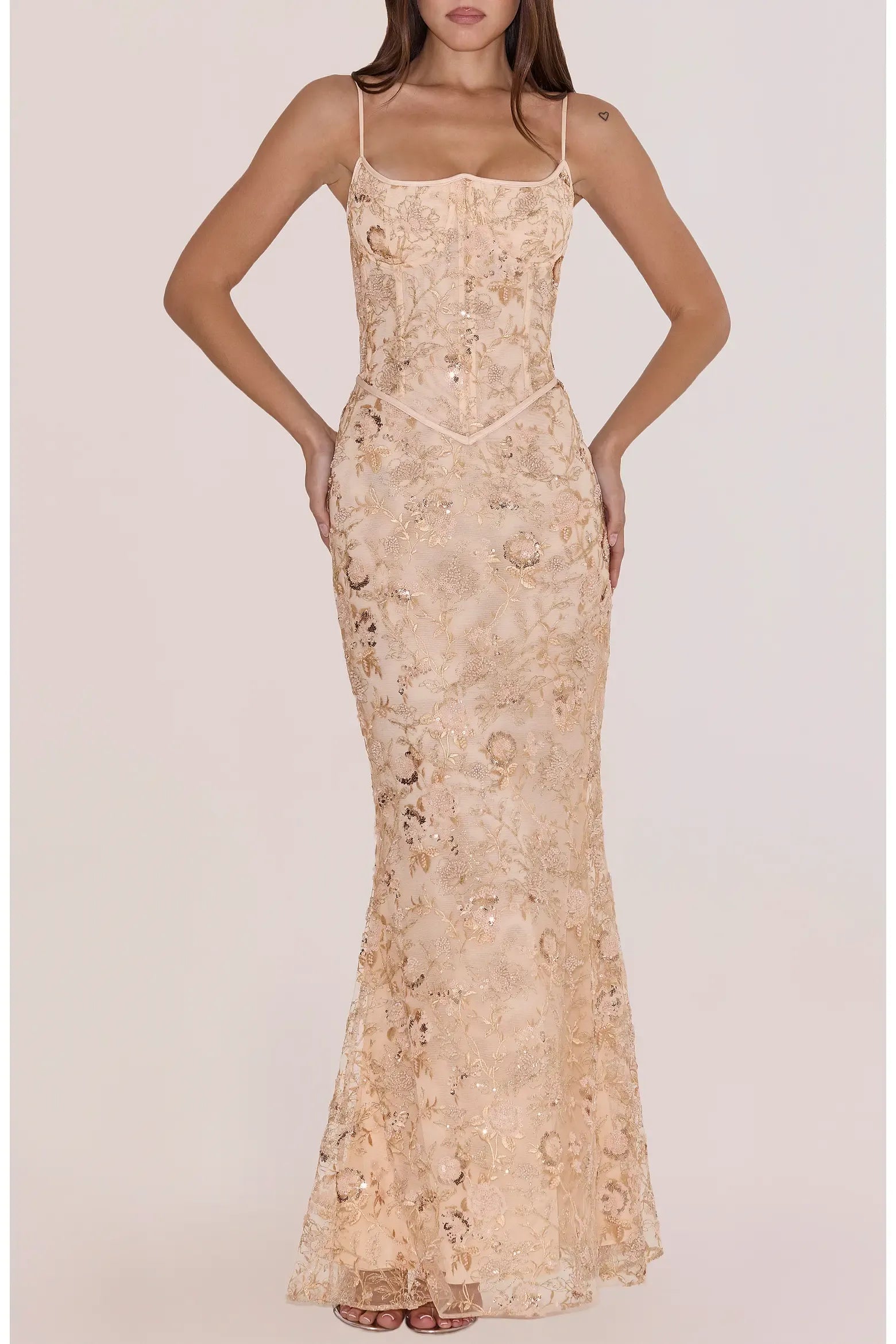 Romantic Mermaid Scoop Neck Thin Spaghetti Strap Floral Sequin Lace Boned Corset Lace-Up Back Floor-Length Maxi Evening Gown