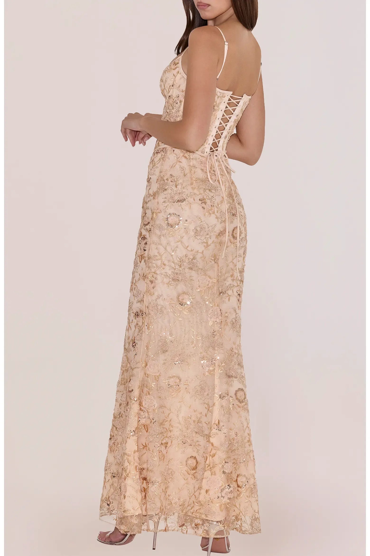 Romantic Mermaid Scoop Neck Thin Spaghetti Strap Floral Sequin Lace Boned Corset Lace-Up Back Floor-Length Maxi Evening Gown