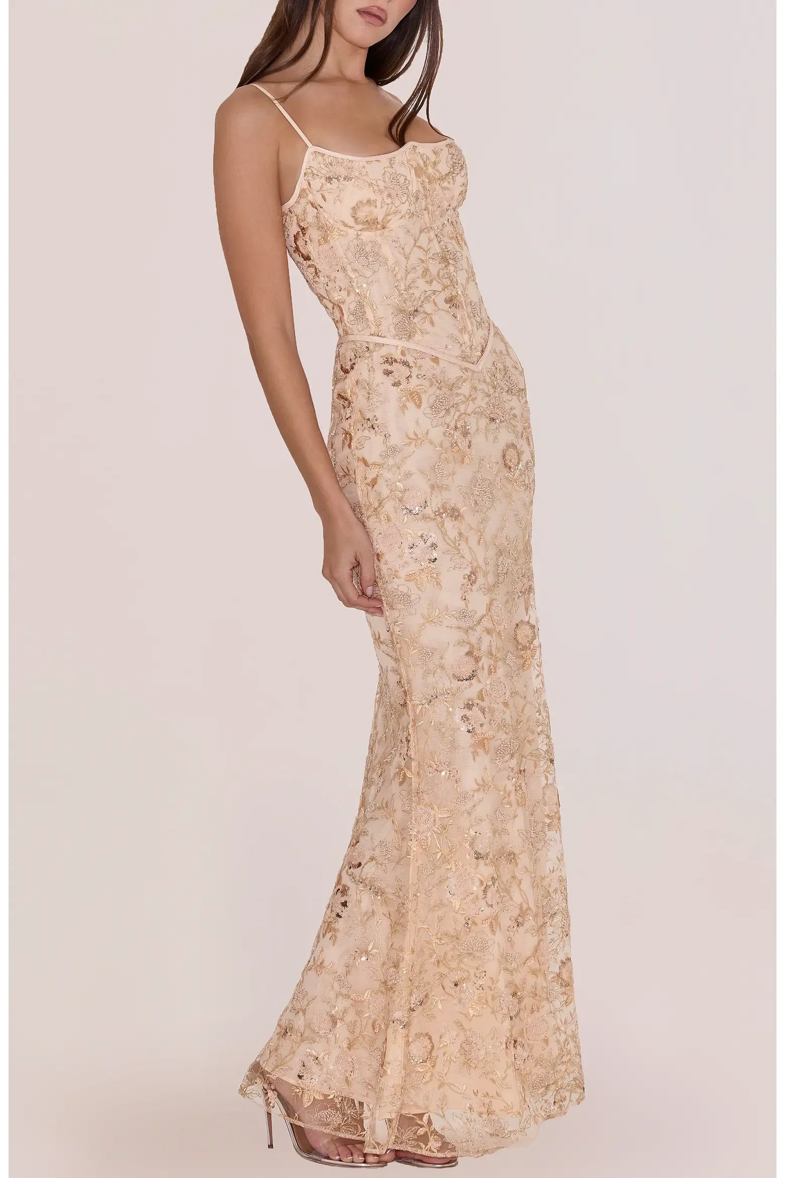 Romantic Mermaid Scoop Neck Thin Spaghetti Strap Floral Sequin Lace Boned Corset Lace-Up Back Floor-Length Maxi Evening Gown