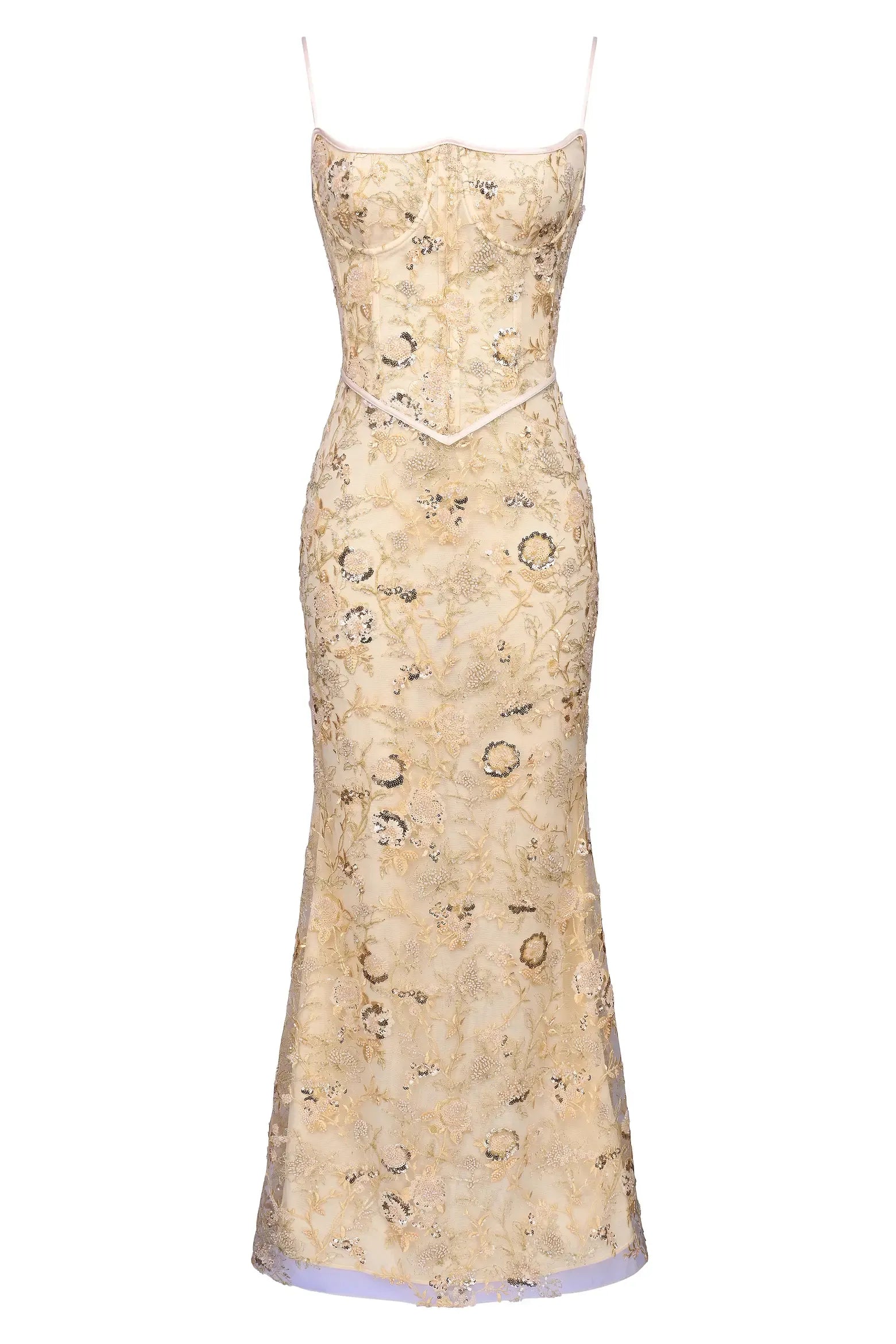 Romantic Mermaid Scoop Neck Thin Spaghetti Strap Floral Sequin Lace Boned Corset Lace-Up Back Floor-Length Maxi Evening Gown