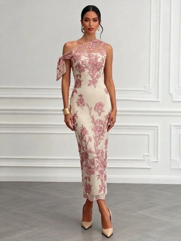 Vedress ivory pink floral embroidered maxi wedding guest dress with one shoulder neckline and fitted sheath silhouette