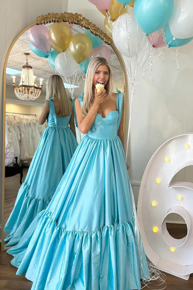 Romantic Ruffled A-Line Sweetheart Neck Tie-Strap Satin Floor Length Prom Evening Gown