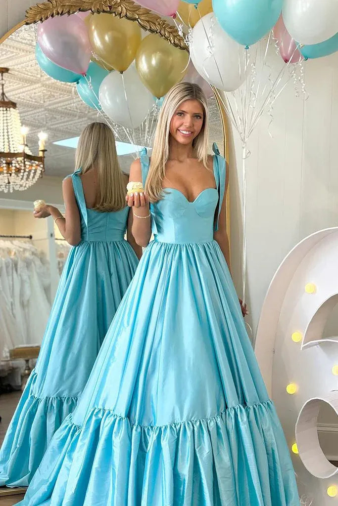 Romantic Ruffled A-Line Sweetheart Neck Tie-Strap Satin Floor Length Prom Evening Gown