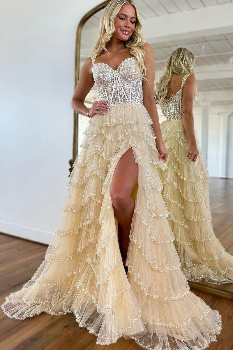 Romantic Tiered A-Line Sweetheart Neck Lace Corset High Slit Evening Gown
