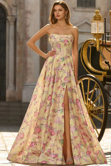 Vedress yellow floral A-line prom dress with strapless neckline fitted bodice high slit and floor-length flowing skirt