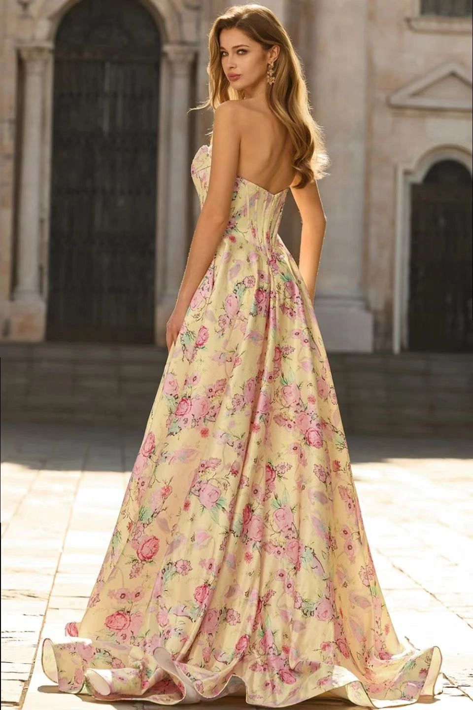 Romantic Floral A Line Strapless Sleeveless Open Back Long Prom Dress