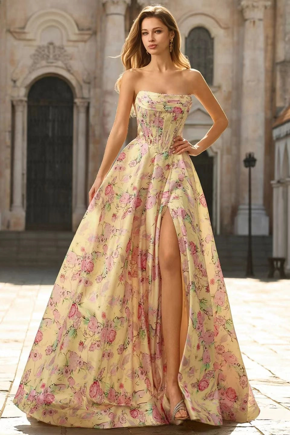 Romantic Floral A Line Strapless Sleeveless Open Back Long Prom Dress
