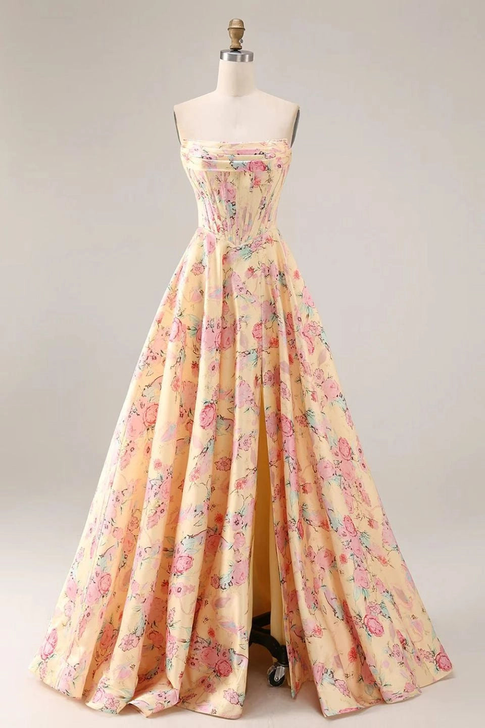 Romantic Floral A Line Strapless Sleeveless Open Back Long Prom Dress
